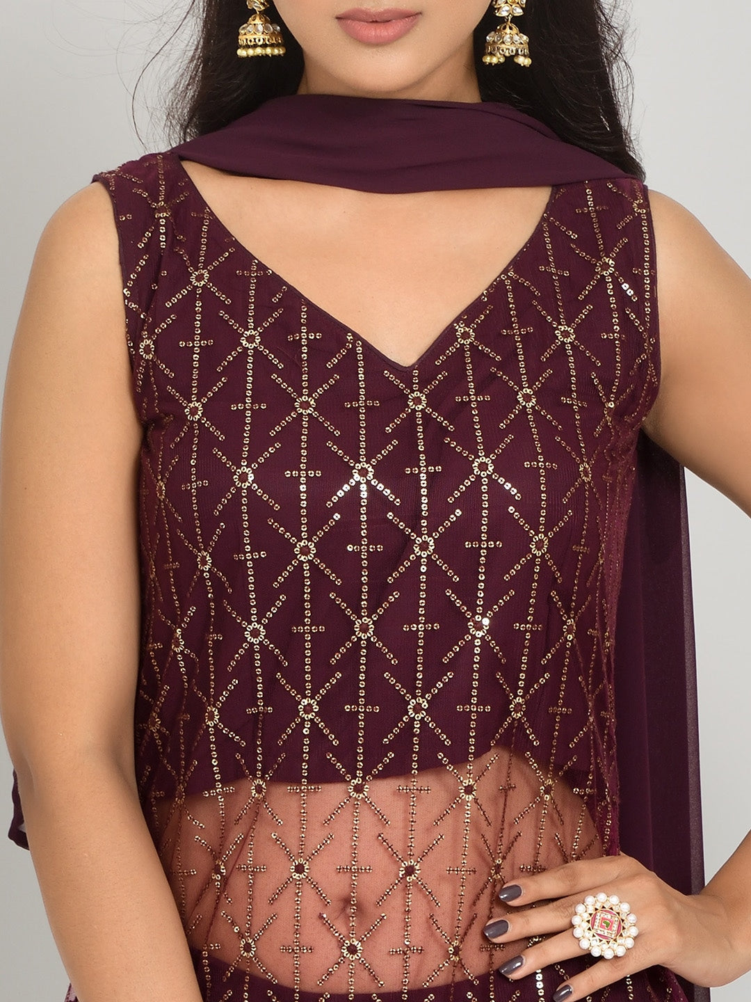 Geometric Self Design Sequinned Georgette Kurta With Sharara & Dupatta