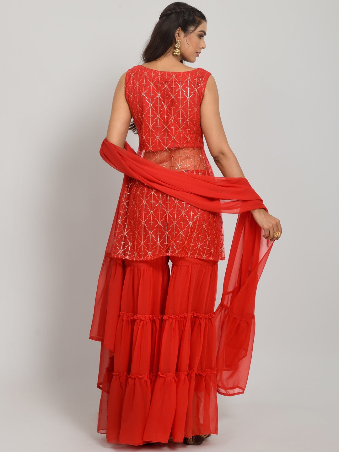 Geometric Self Design Sequinned Georgette Kurta With Sharara & Dupatta