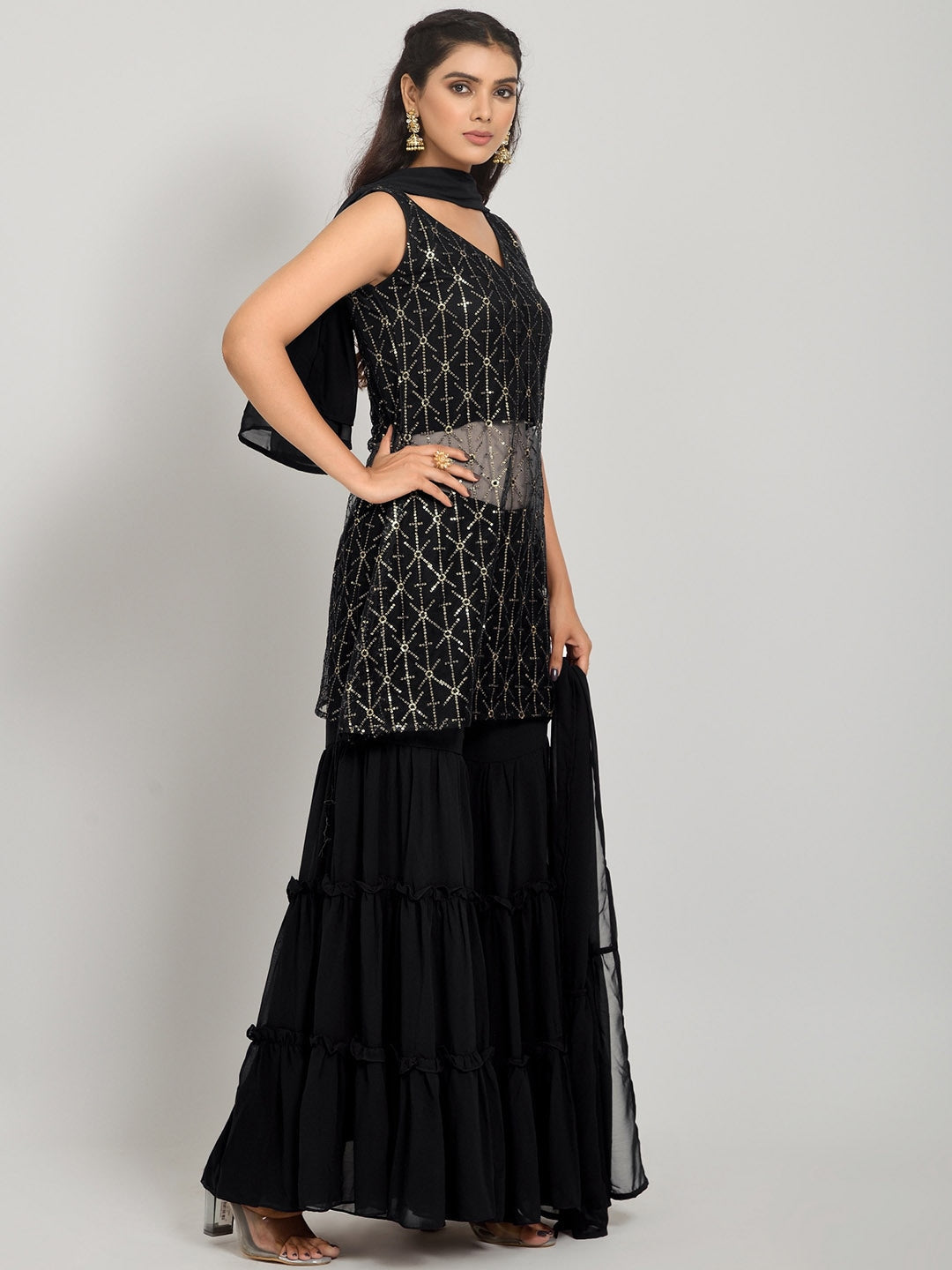 Geometric Self Design Sequinned Georgette Kurta With Sharara & Dupatta
