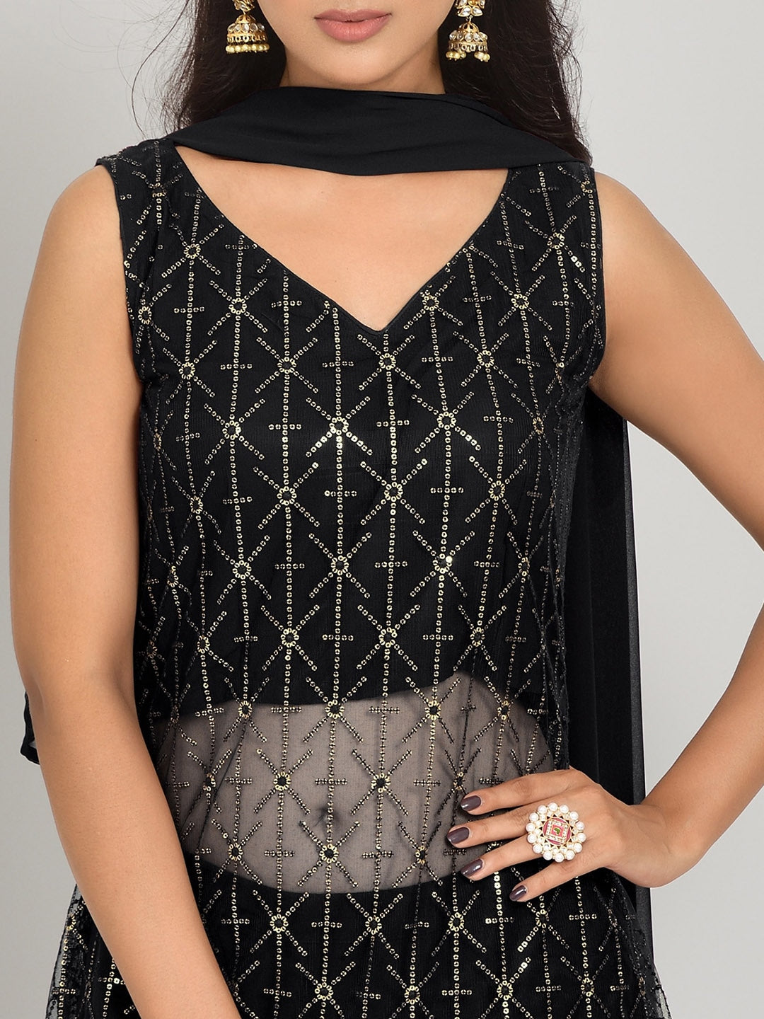 Geometric Self Design Sequinned Georgette Kurta With Sharara & Dupatta