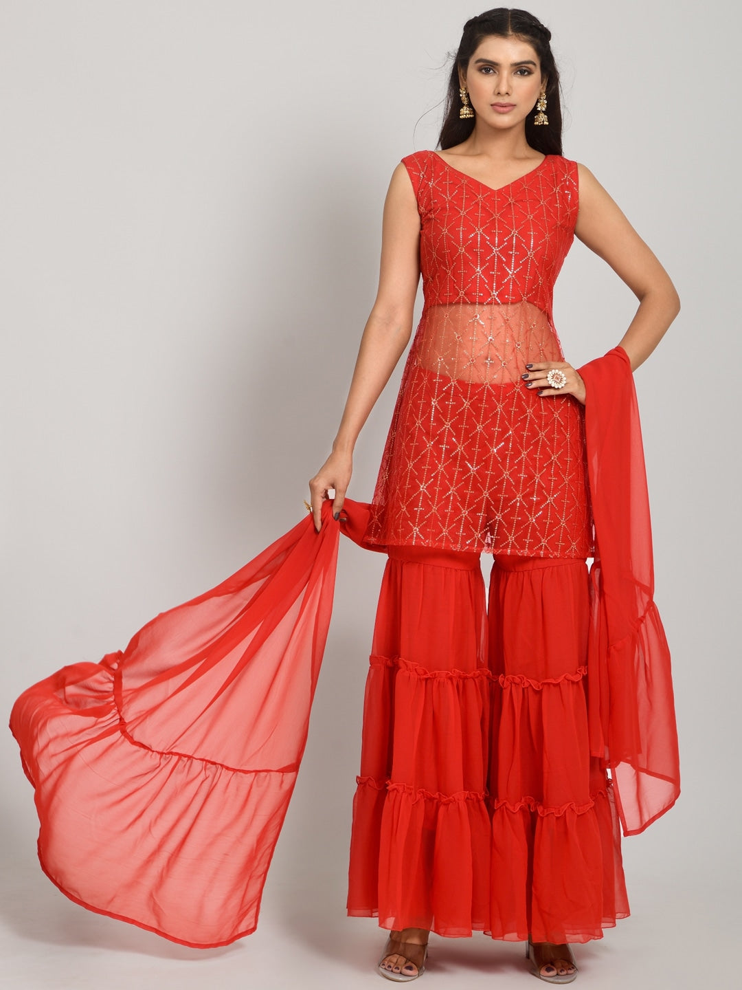 Geometric Self Design Sequinned Georgette Kurta With Sharara & Dupatta