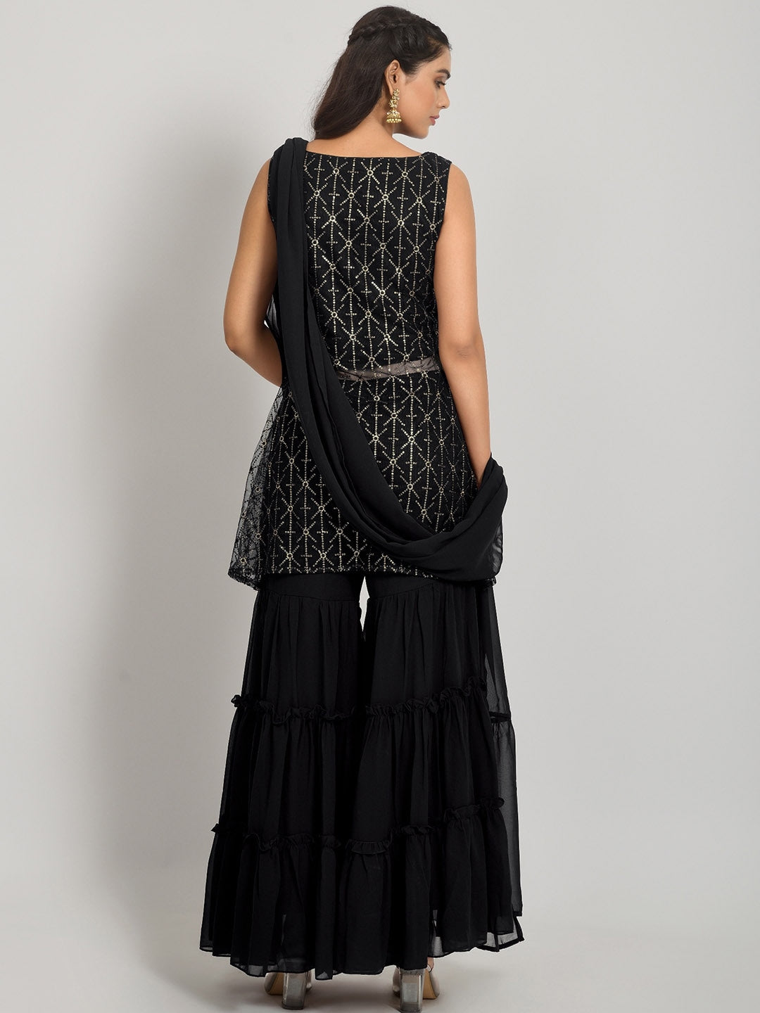 Geometric Self Design Sequinned Georgette Kurta With Sharara & Dupatta