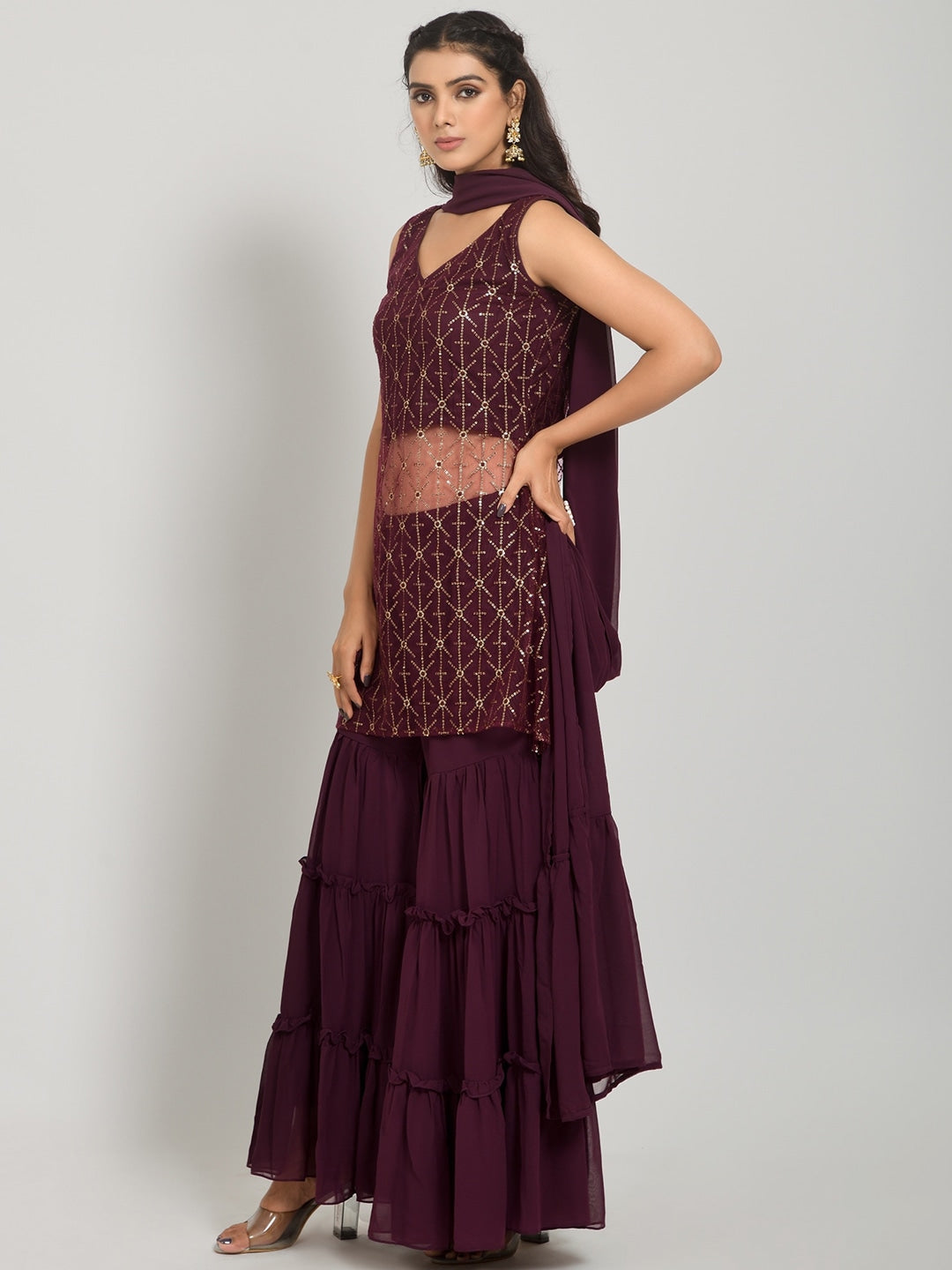 Geometric Self Design Sequinned Georgette Kurta With Sharara & Dupatta