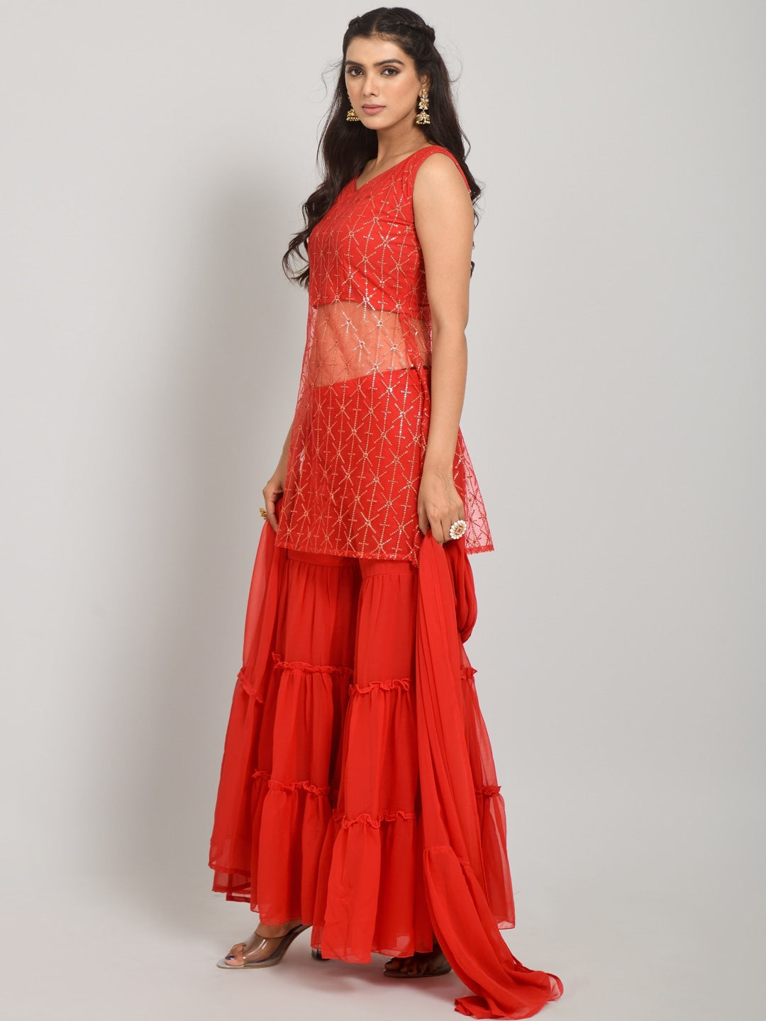 Geometric Self Design Sequinned Georgette Kurta With Sharara & Dupatta