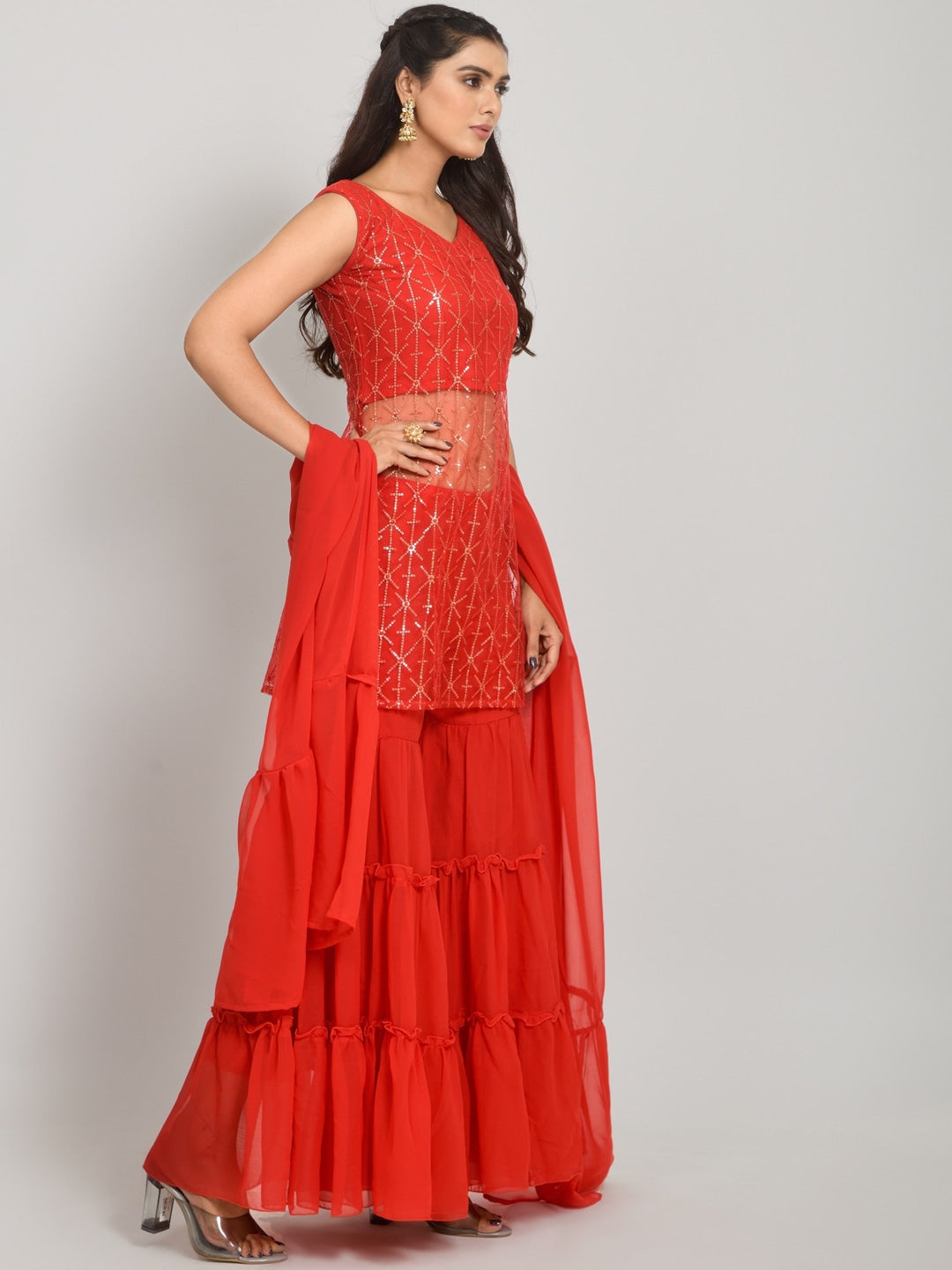 Geometric Self Design Sequinned Georgette Kurta With Sharara & Dupatta
