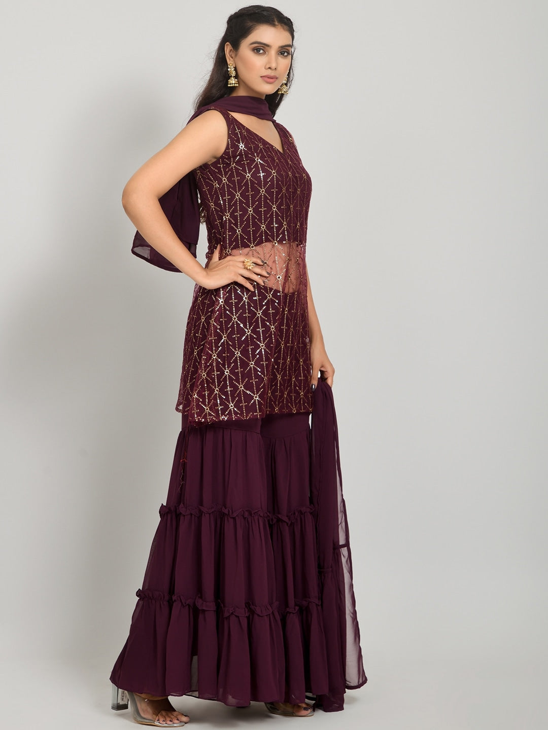 Geometric Self Design Sequinned Georgette Kurta With Sharara & Dupatta