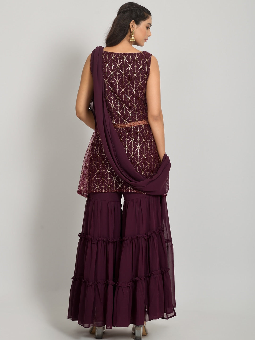 Geometric Self Design Sequinned Georgette Kurta With Sharara & Dupatta
