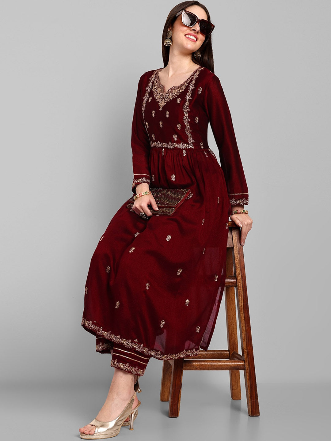 Women Floral Embroidered Regular Thread Work A-Line Kurta With Trousers