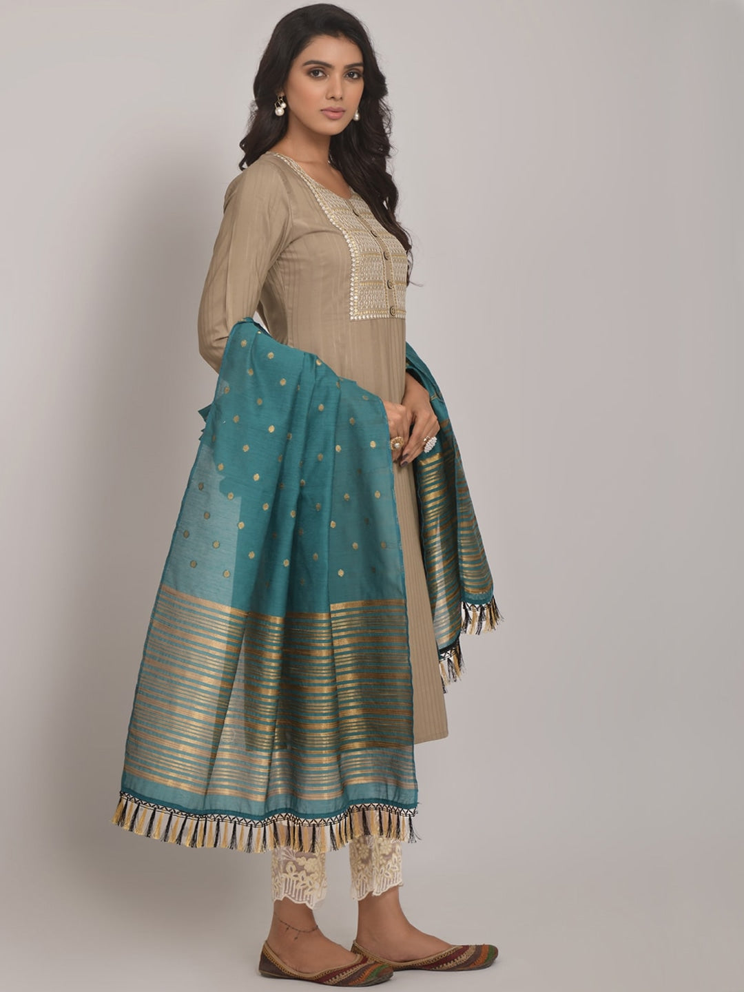 Embroidered Kurta with Trousers & Dupatta