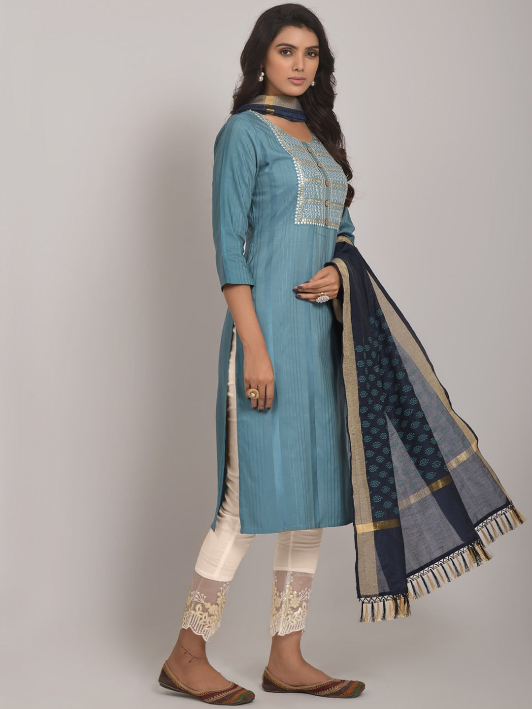 Embroidered Kurta with Trousers & Dupatta