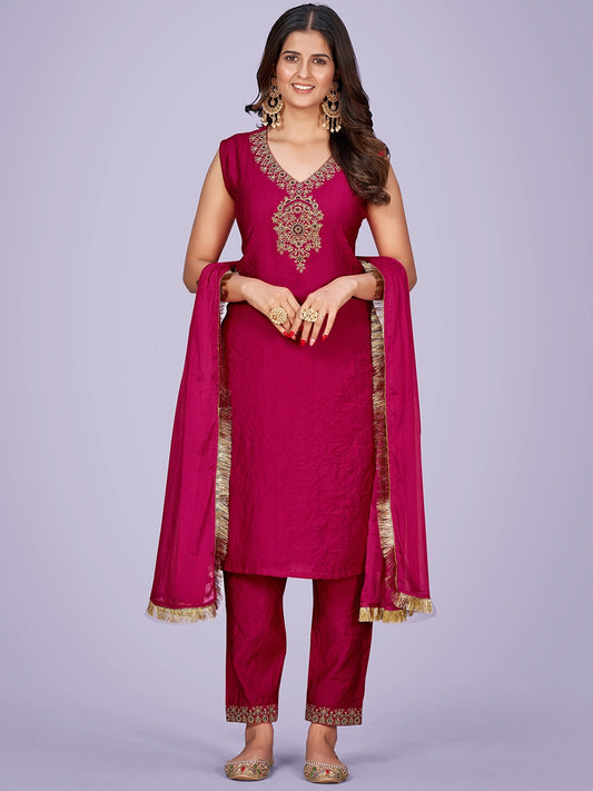 Ethnic Motifs Embroidered Sequinned Kurta With Trousers & Dupatta