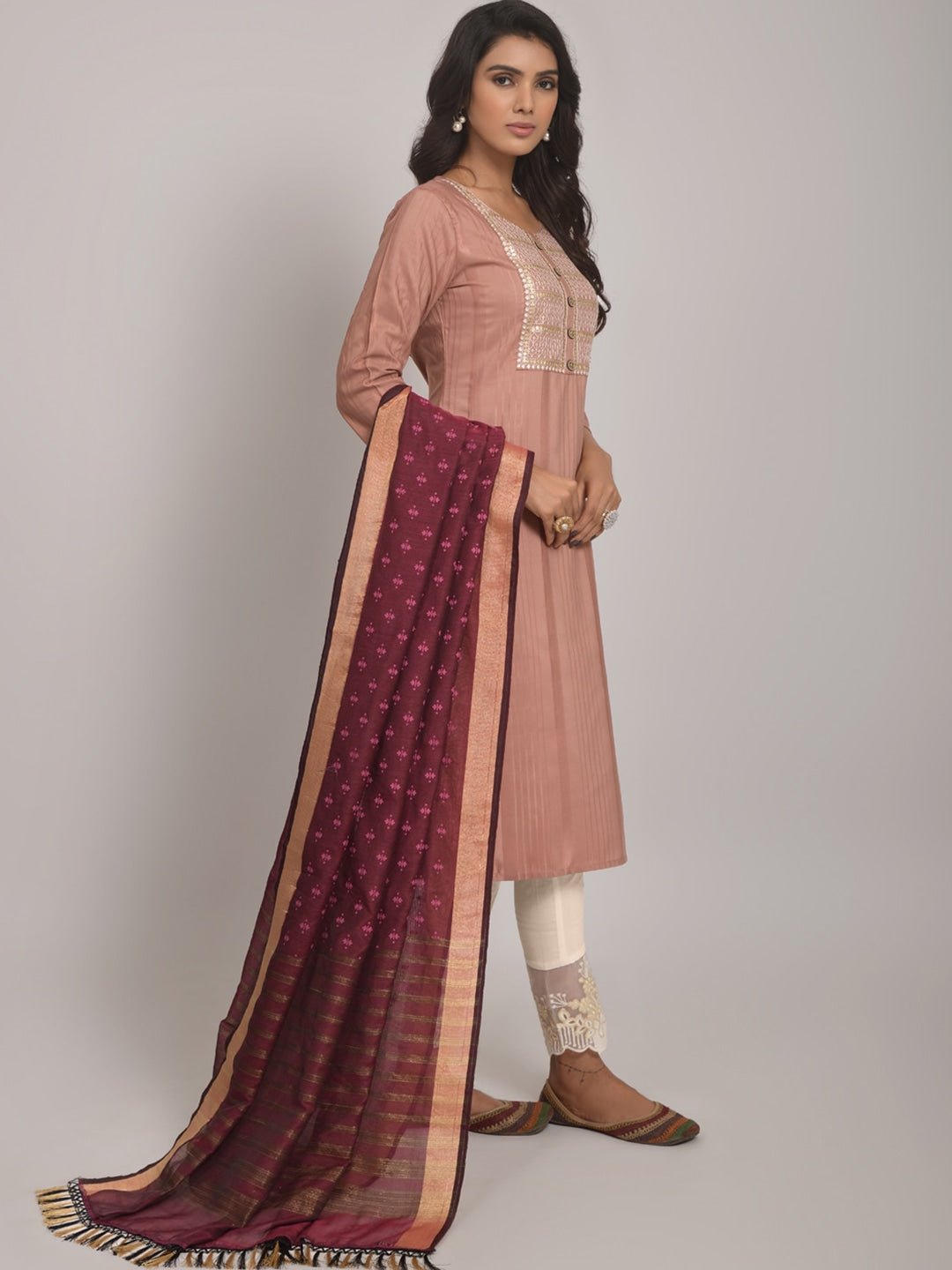 Embroidered Kurta with Trousers & Dupatta