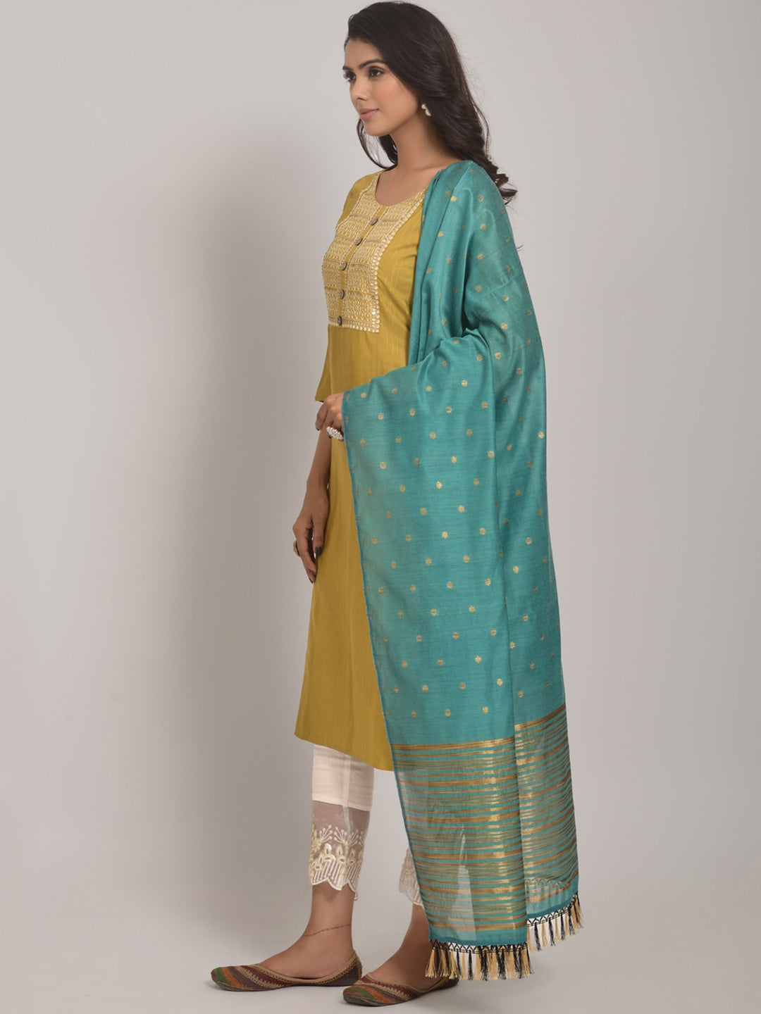 Embroidered Kurta with Trousers & Dupatta