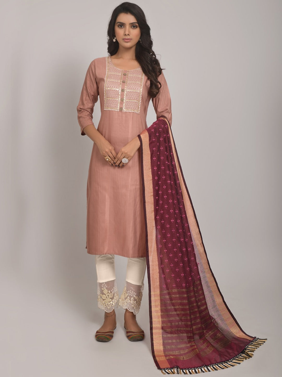 Embroidered Kurta with Trousers & Dupatta