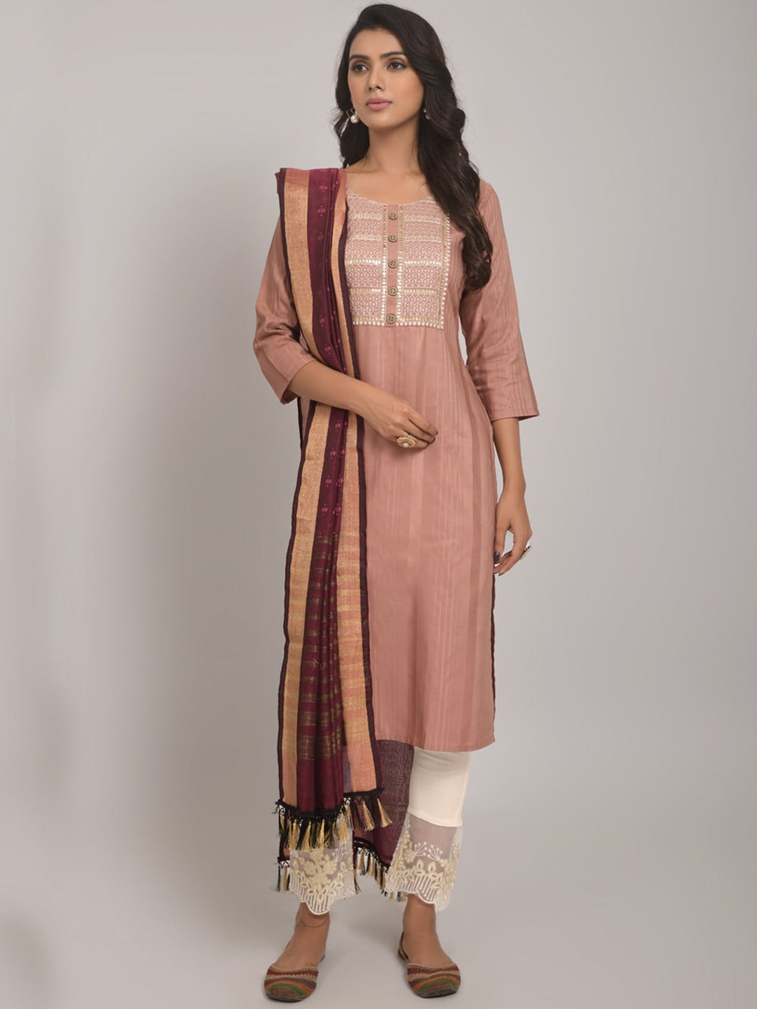 Embroidered Kurta with Trousers & Dupatta