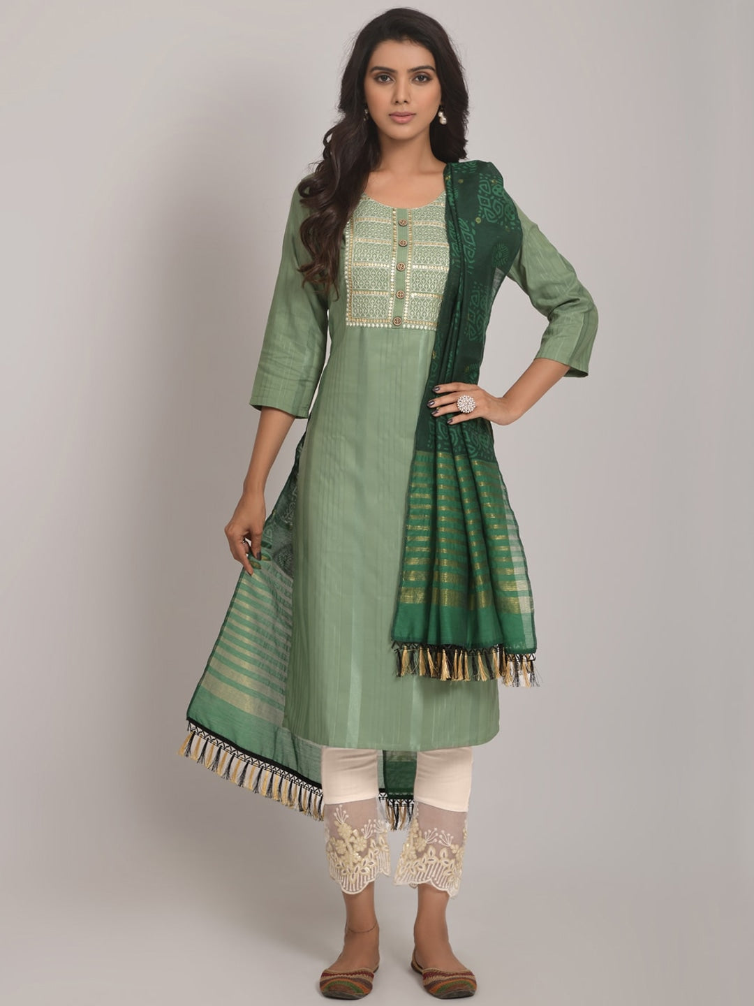 Embroidered Kurta with Trousers & Dupatta