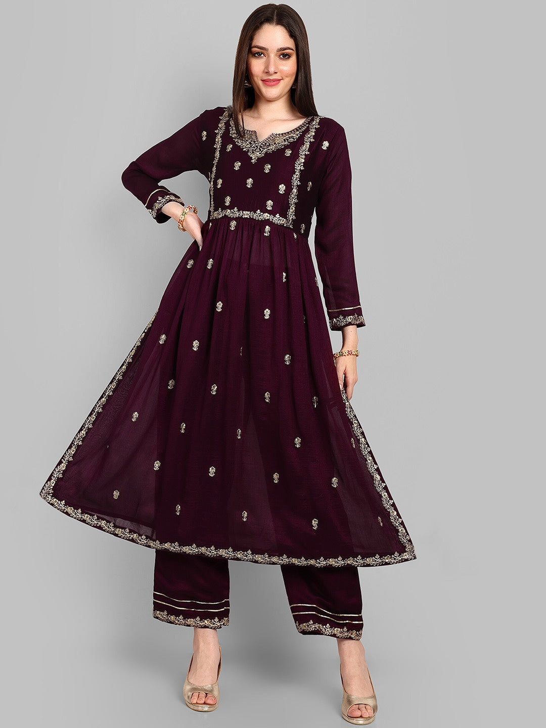 Women Floral Embroidered Regular Thread Work A-Line Kurta With Trousers