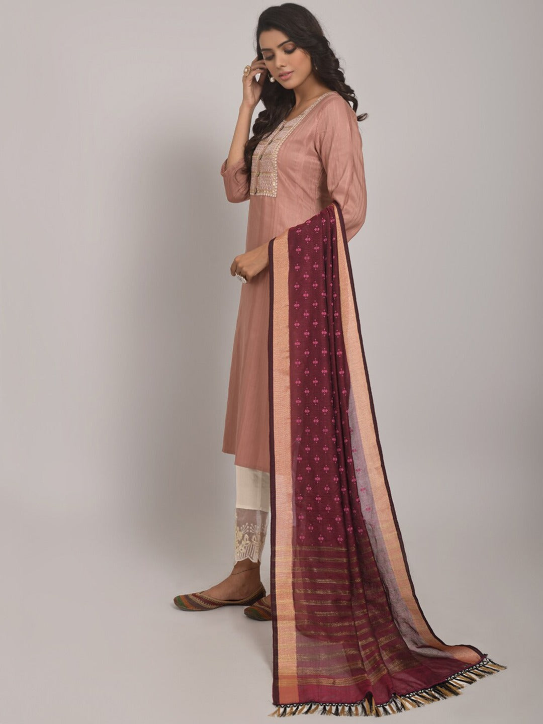 Embroidered Kurta with Trousers & Dupatta