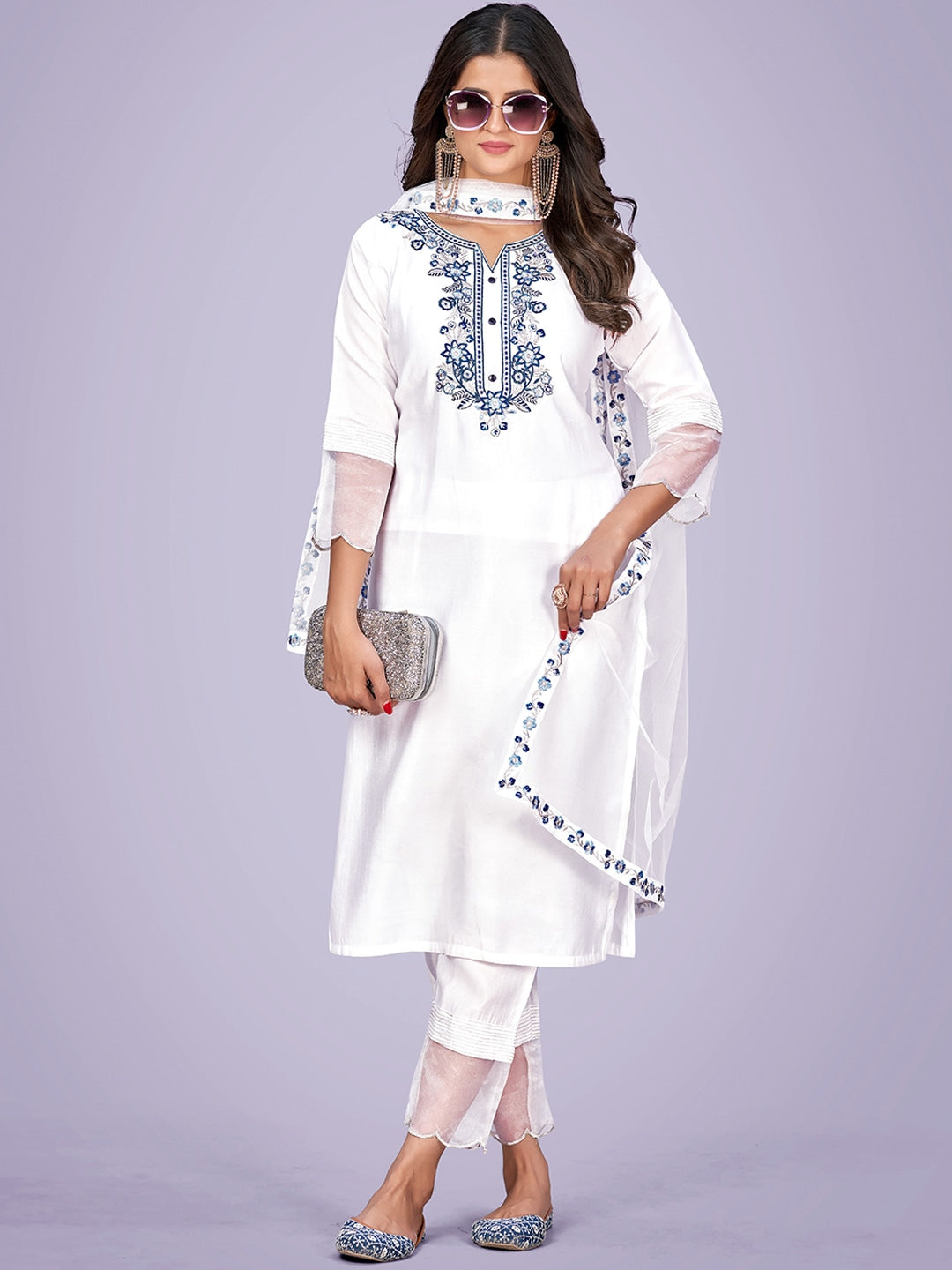 Floral Embroidered Thread Work Kurta With Trousers & Dupatta