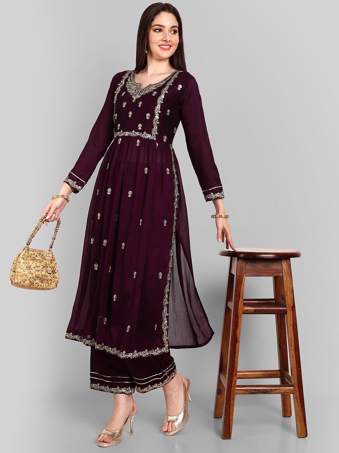 Women Floral Embroidered Regular Thread Work A-Line Kurta With Trousers