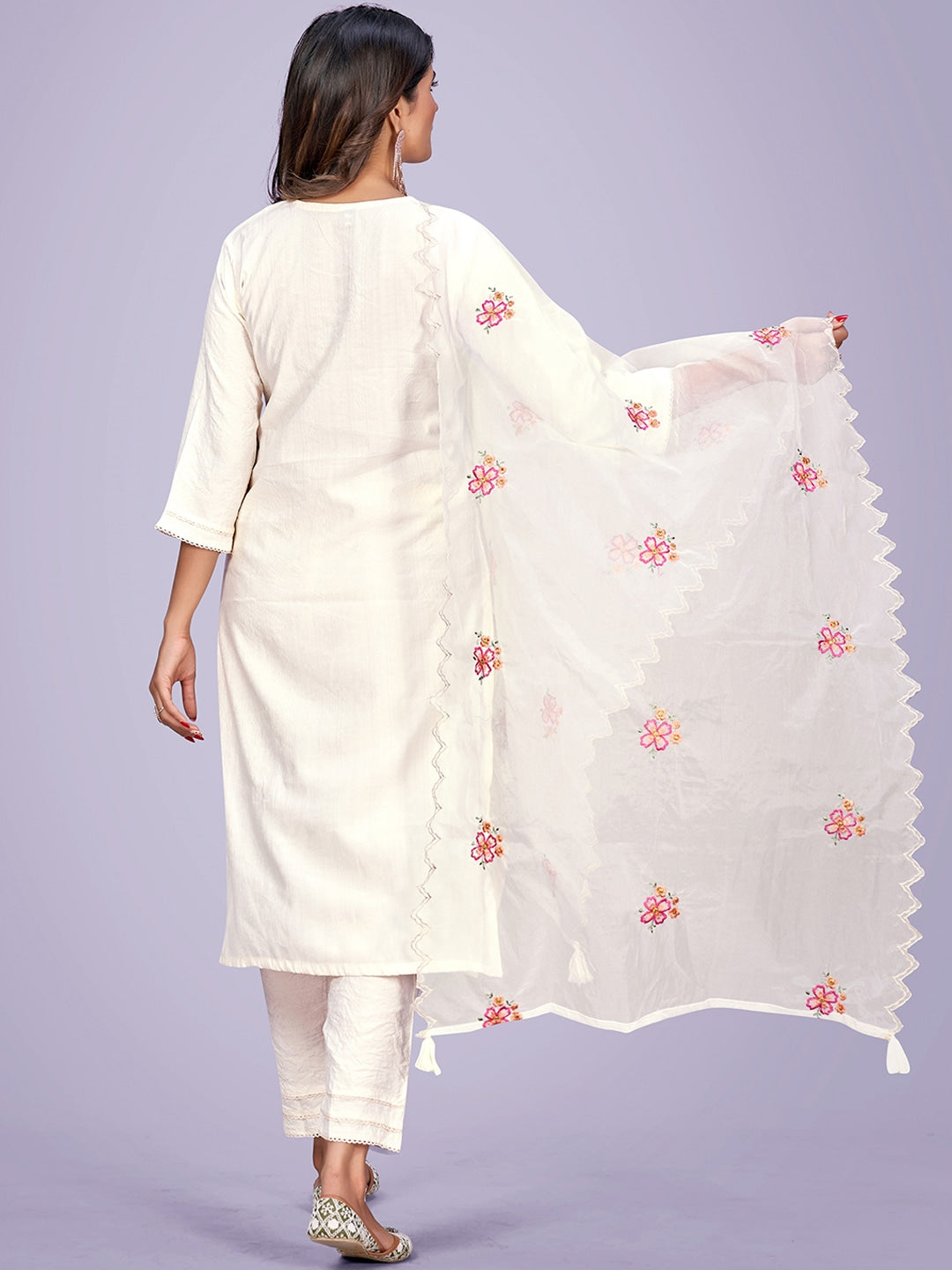 Floral Embroidered Mirror Work Kurta With Trousers & Dupatta