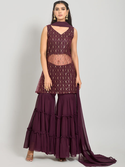 Geometric Self Design Sequinned Georgette Kurta With Sharara & Dupatta