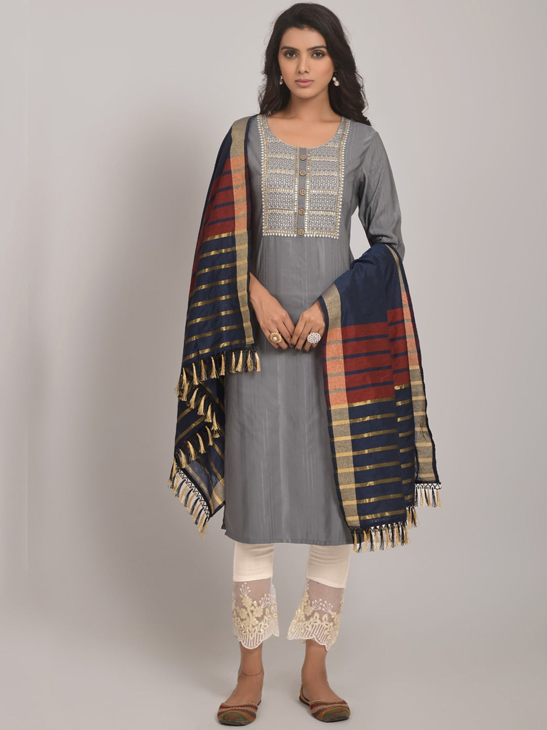 Embroidered Kurta with Trousers & Dupatta