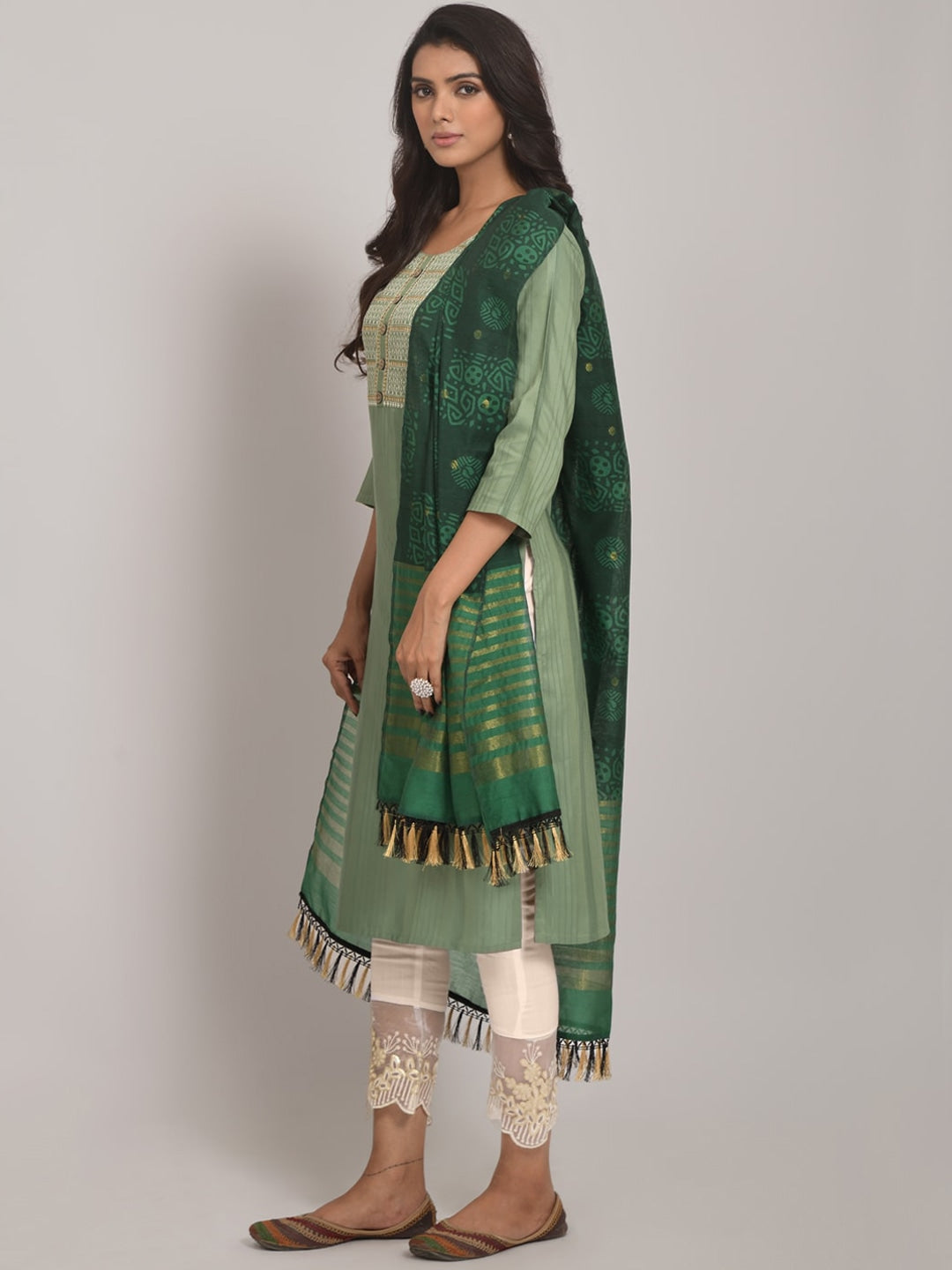 Embroidered Kurta with Trousers & Dupatta