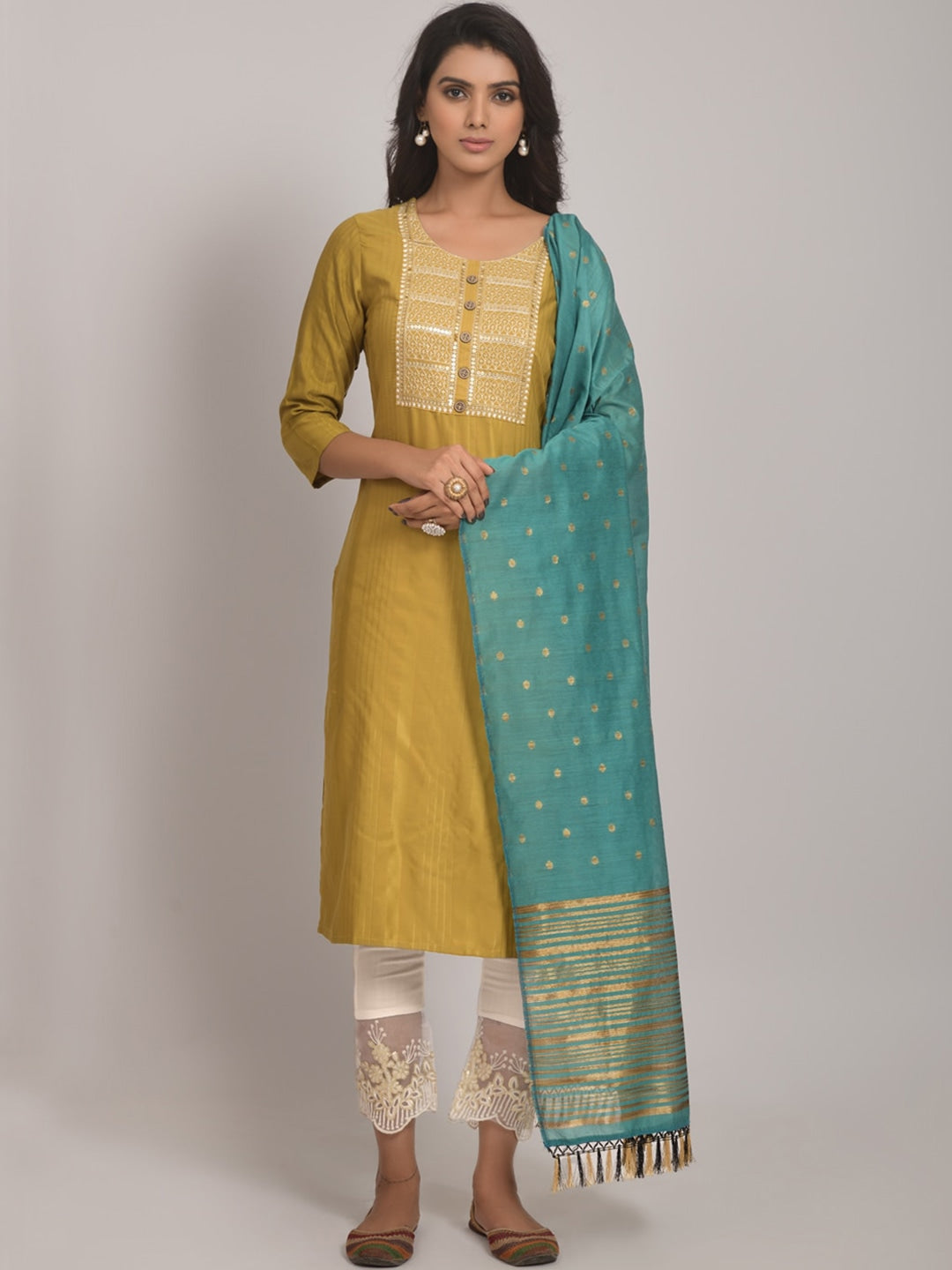 Embroidered Kurta with Trousers & Dupatta