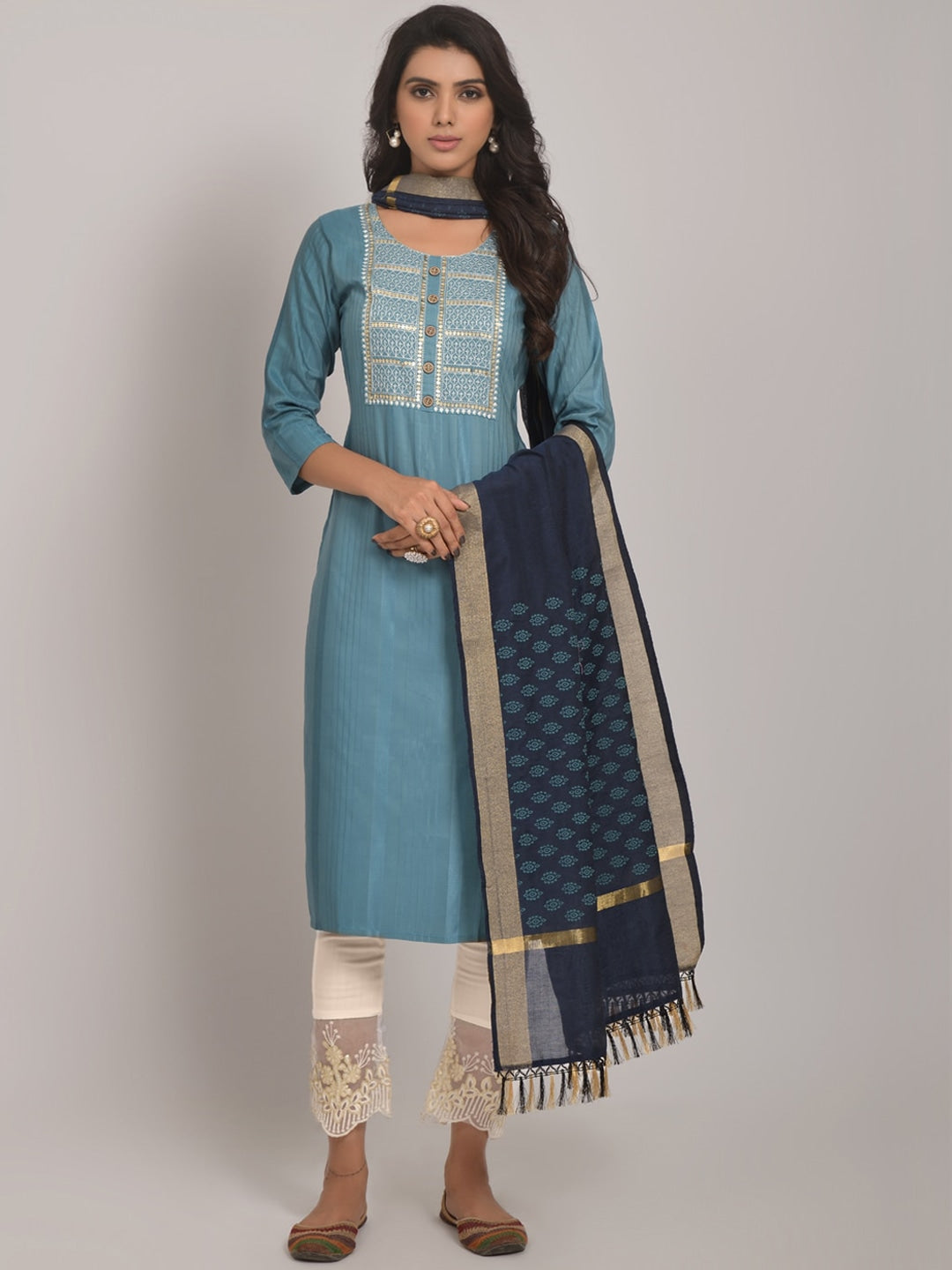 Embroidered Kurta with Trousers & Dupatta