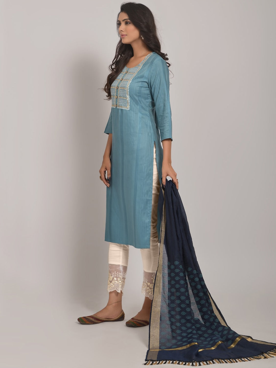 Embroidered Kurta with Trousers & Dupatta