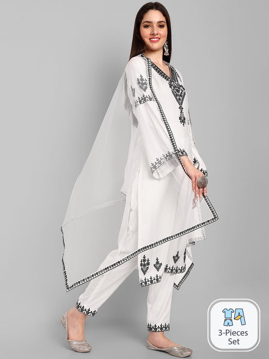 Ethnic Motifs Embroidered Regular Thread Work Kurta & Trousers With Dupatta