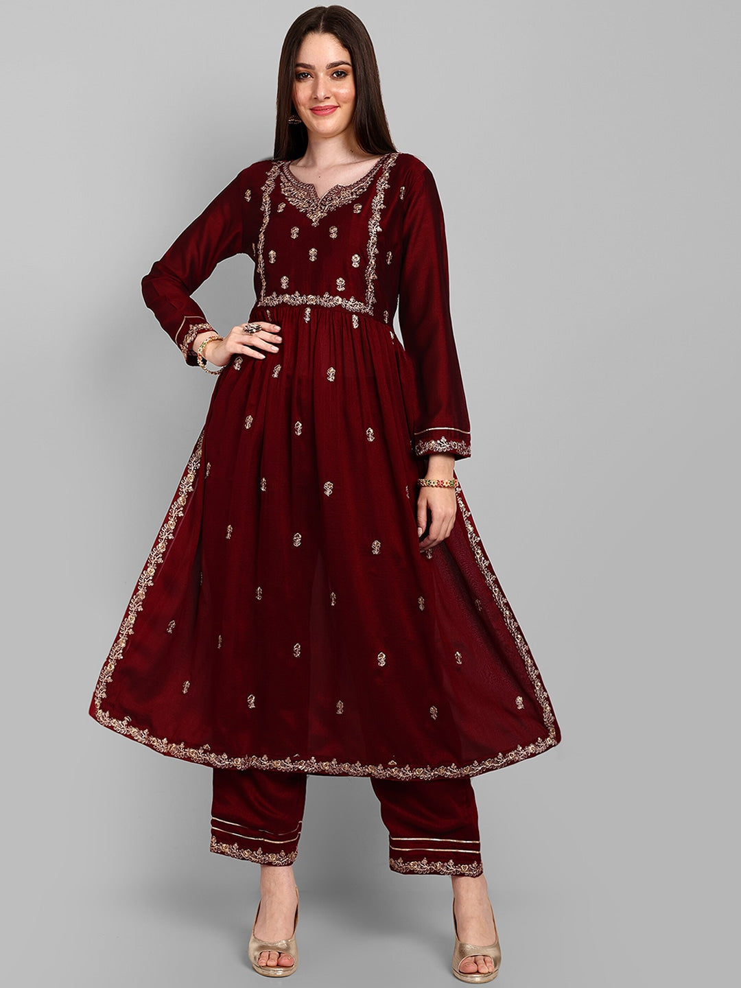 Women Floral Embroidered Regular Thread Work A-Line Kurta With Trousers