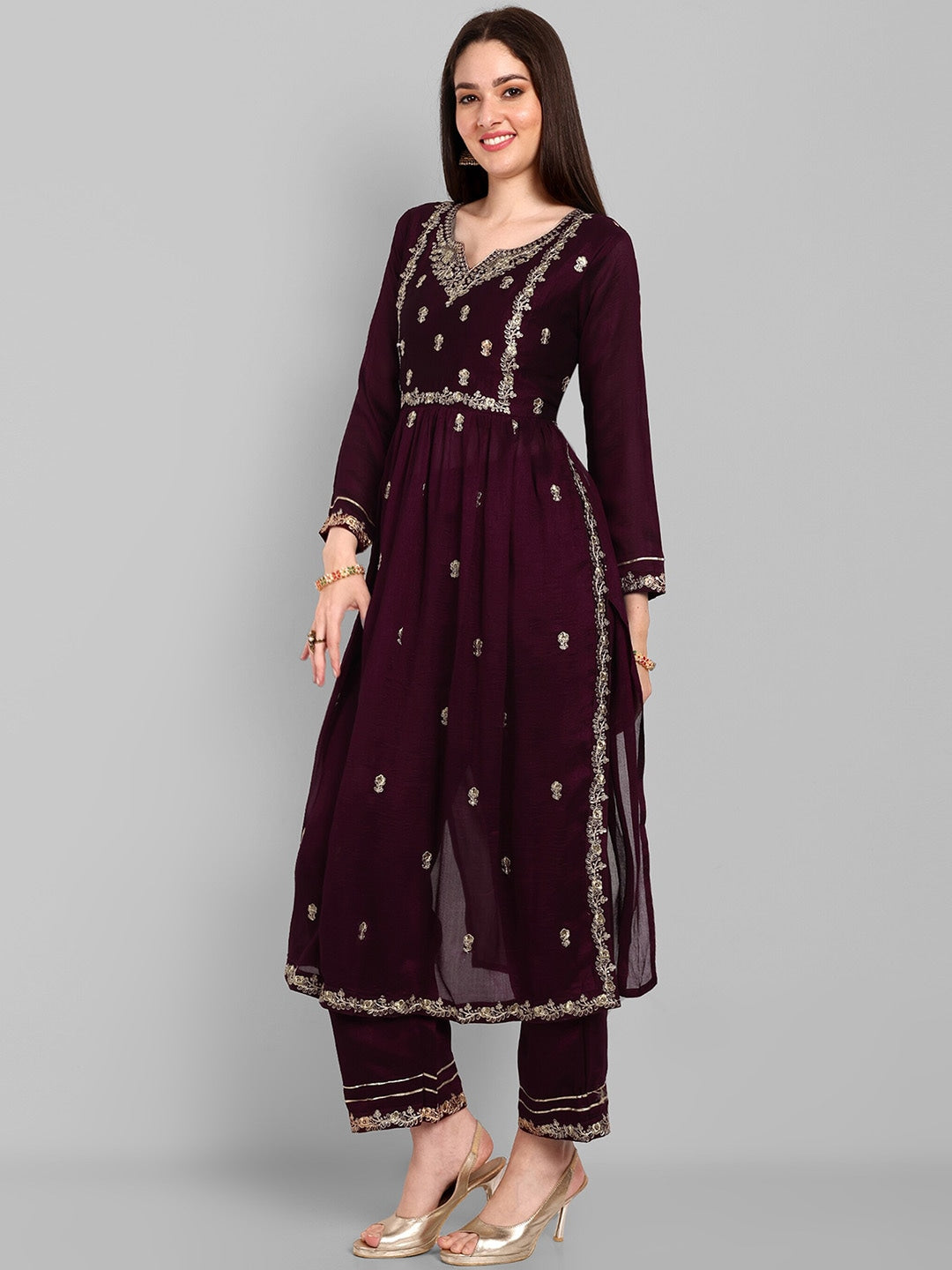 Women Floral Embroidered Regular Thread Work A-Line Kurta With Trousers