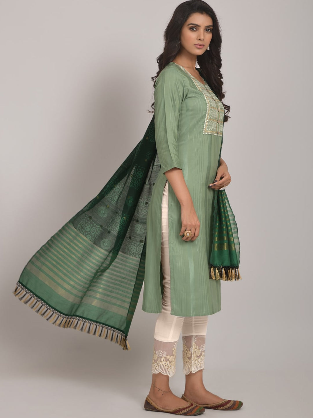 Embroidered Kurta with Trousers & Dupatta