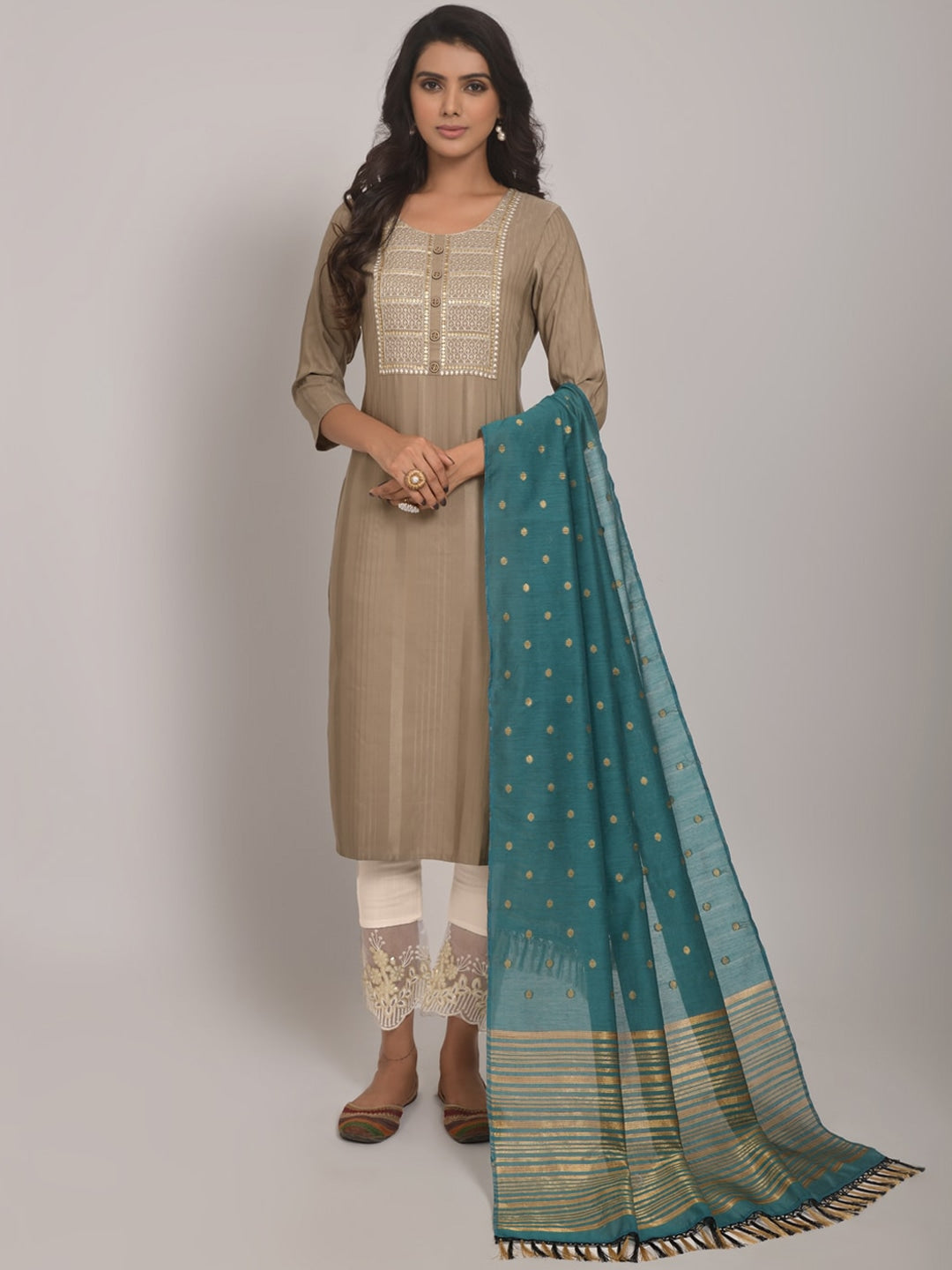 Embroidered Kurta with Trousers & Dupatta