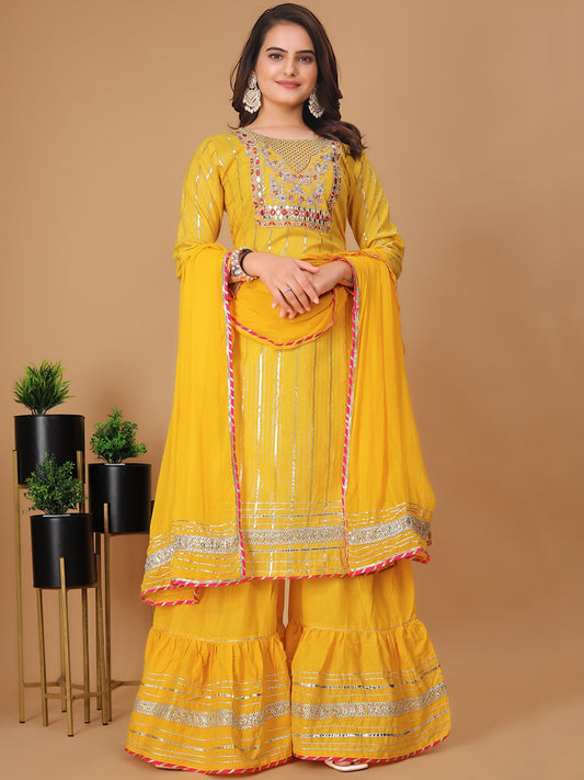 Ethnic Motifs Embroidered Gotta Patti Pure Cotton Kurta with Sharara & Dupatta